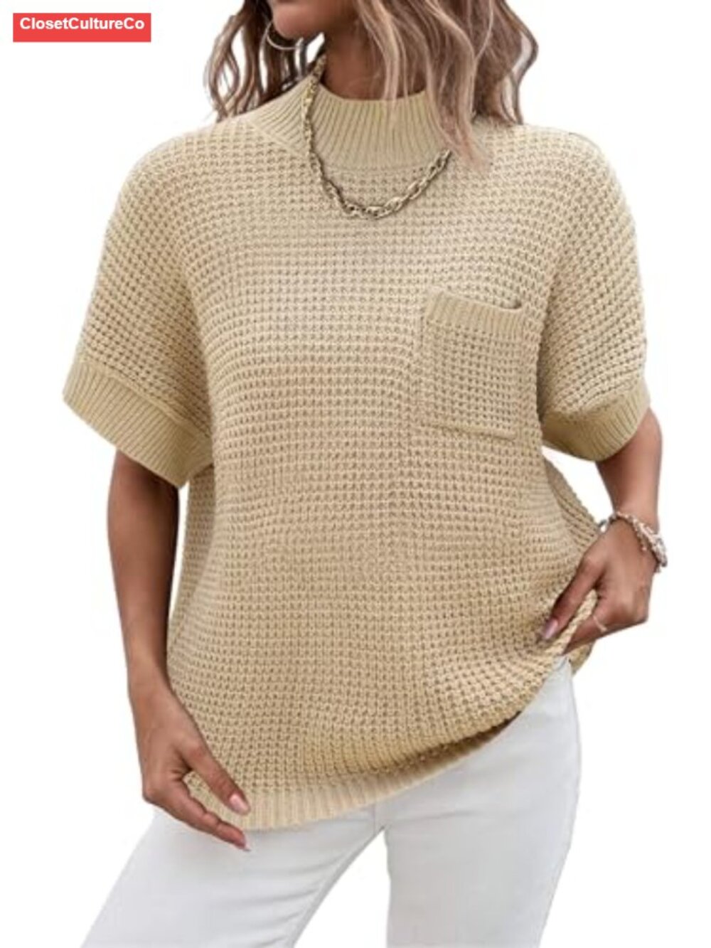 Oversized Ribbed Knit Sweater Vest Mock Neck Batwing Short Sleeve Pullover